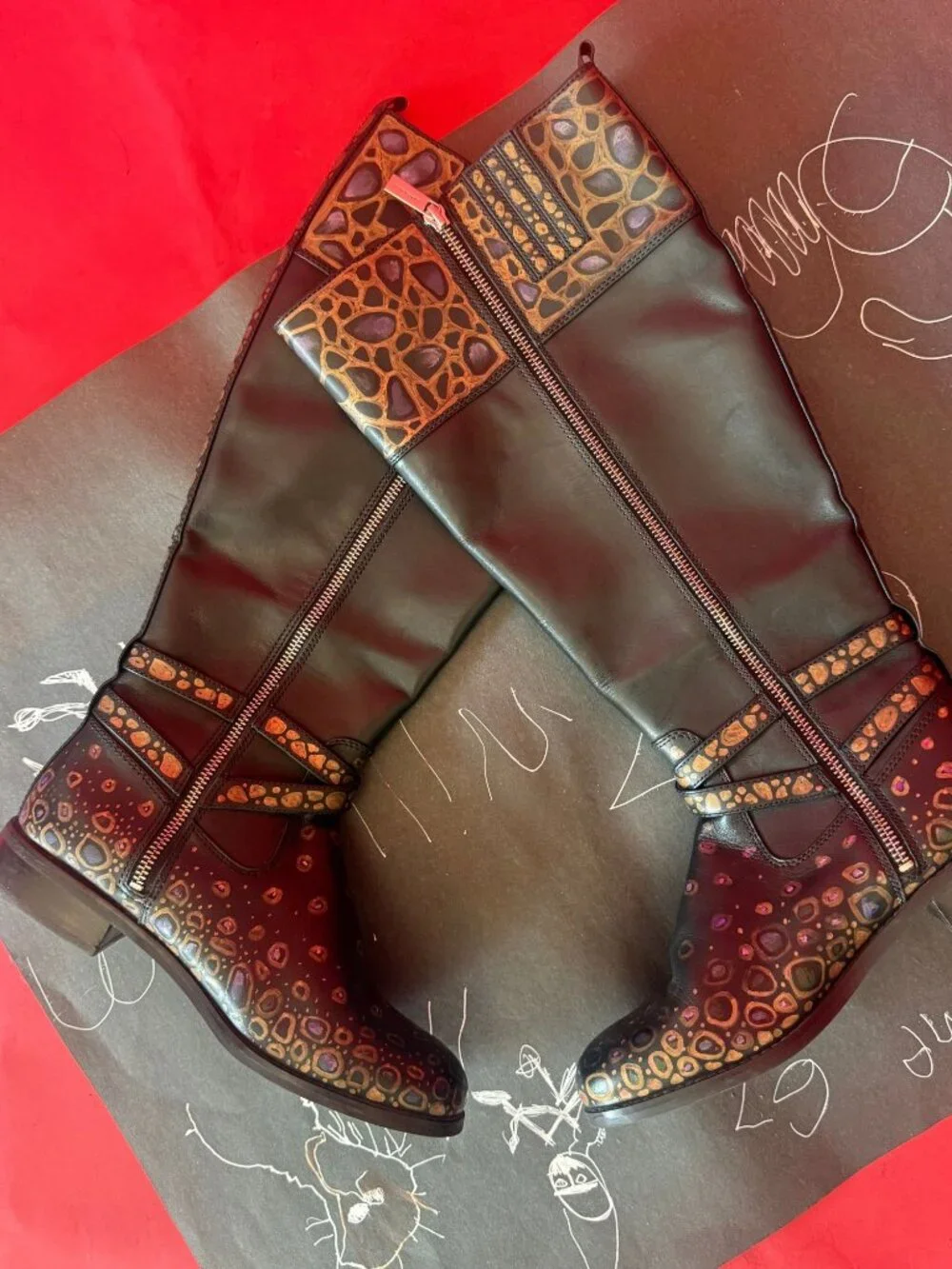 Hand Painted Leather Riding Boots | Gold Mosaic Knee High Boots, Unique